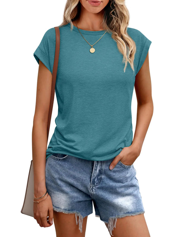 AUTOMET Womens Tops Casual Dressy Basic T Shirts Loose Fit Crewneck Cap Sleeve Tee Summer Outfits 2024 Bluegreen XX-Large