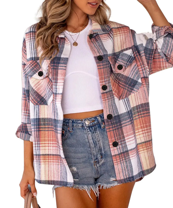 AUTOMET Womens Fall Outfits Fashion Clothes Shackets Flannel Plaid Button Down Long Sleeve Shirts Jackets 2024 Bluepink X-Small