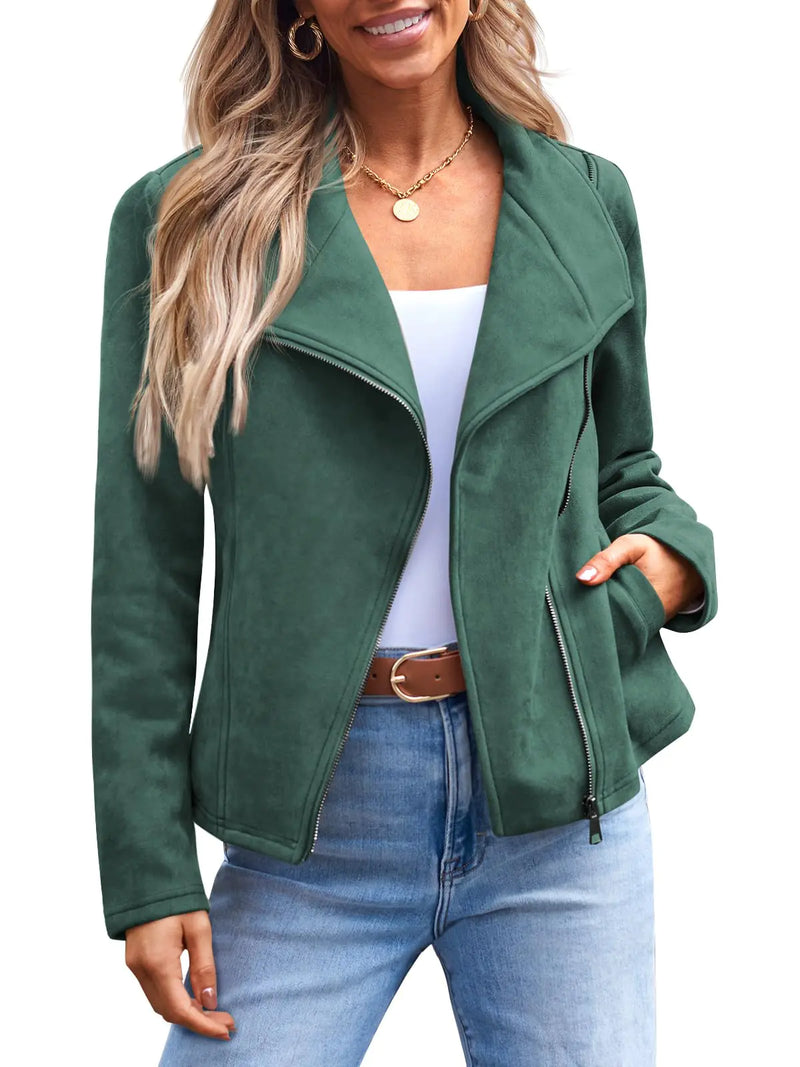 AUTOMET Womens Faux Leather Jackets Suede Fall Fashion  Outfits Winter Clothes Open Front Cropped Coat Outwear Small Green